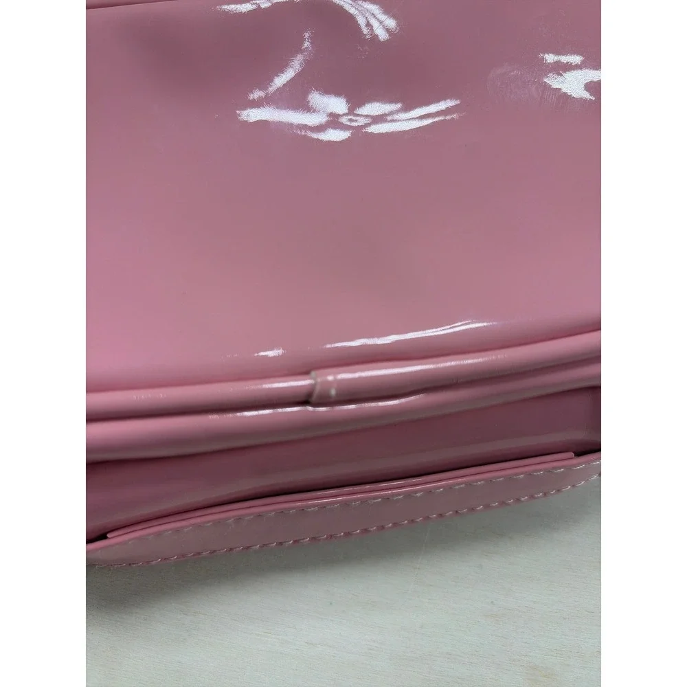 Pink Patent Double Layer Makeup Bag Travel Cosmetic Case with Gold Bow Accent